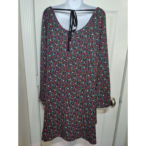 Molly Bracken Floral Long-Flare-Sleeve Boat Neck Tie-Back Mini Shift Dress L - Picture 4 of 7